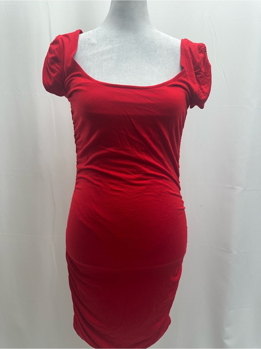 Bordeaux Red Scoop-Neck Midi Ruch Fitted Dress S